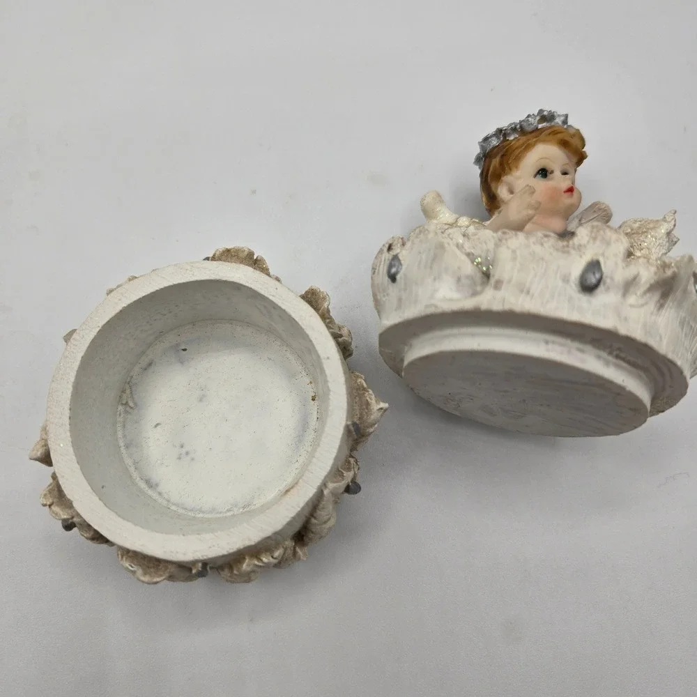 Angel Cherub Trinket Box Small Cream Whimsical Glitter Resin Leaf Decor